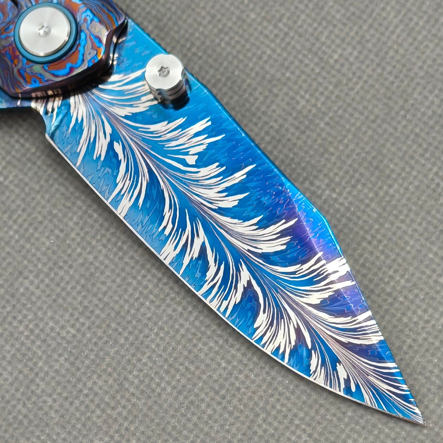 Vorixn "Aurora Bright" Flipper & Thumb Stud Knife Hand-Flamed Zirconium Handle (3.8" Feather Damascus Blade) KB110