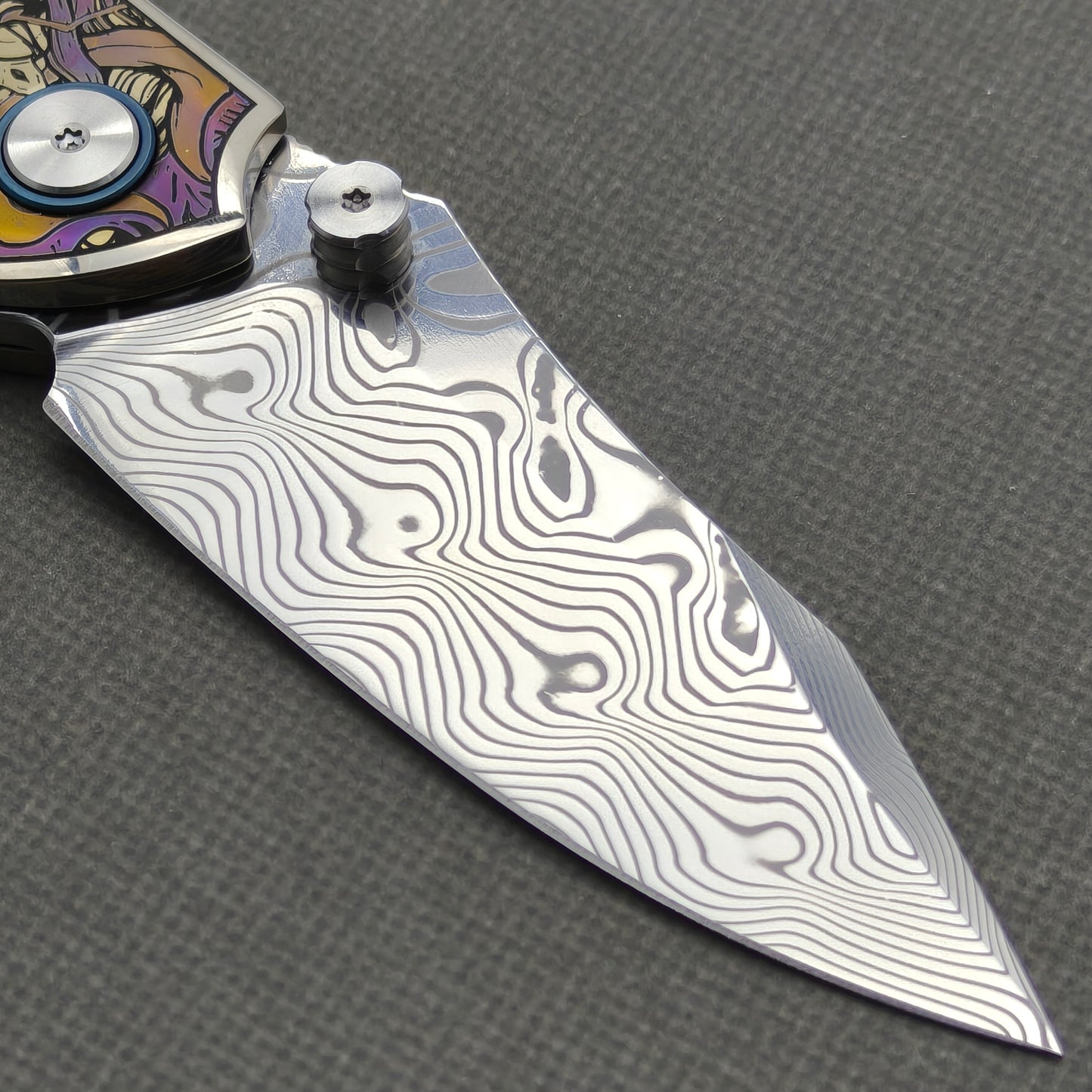 VORIXN "Requiem" (3.5" Damascus Blade) Engraved Titanium Handle Flipper & Thumb Stud Folding Knife - KB114