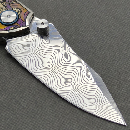 VORIXN "Requiem" (3.5" Damascus Blade) Engraved Titanium Handle Flipper & Thumb Stud Folding Knife - KB114