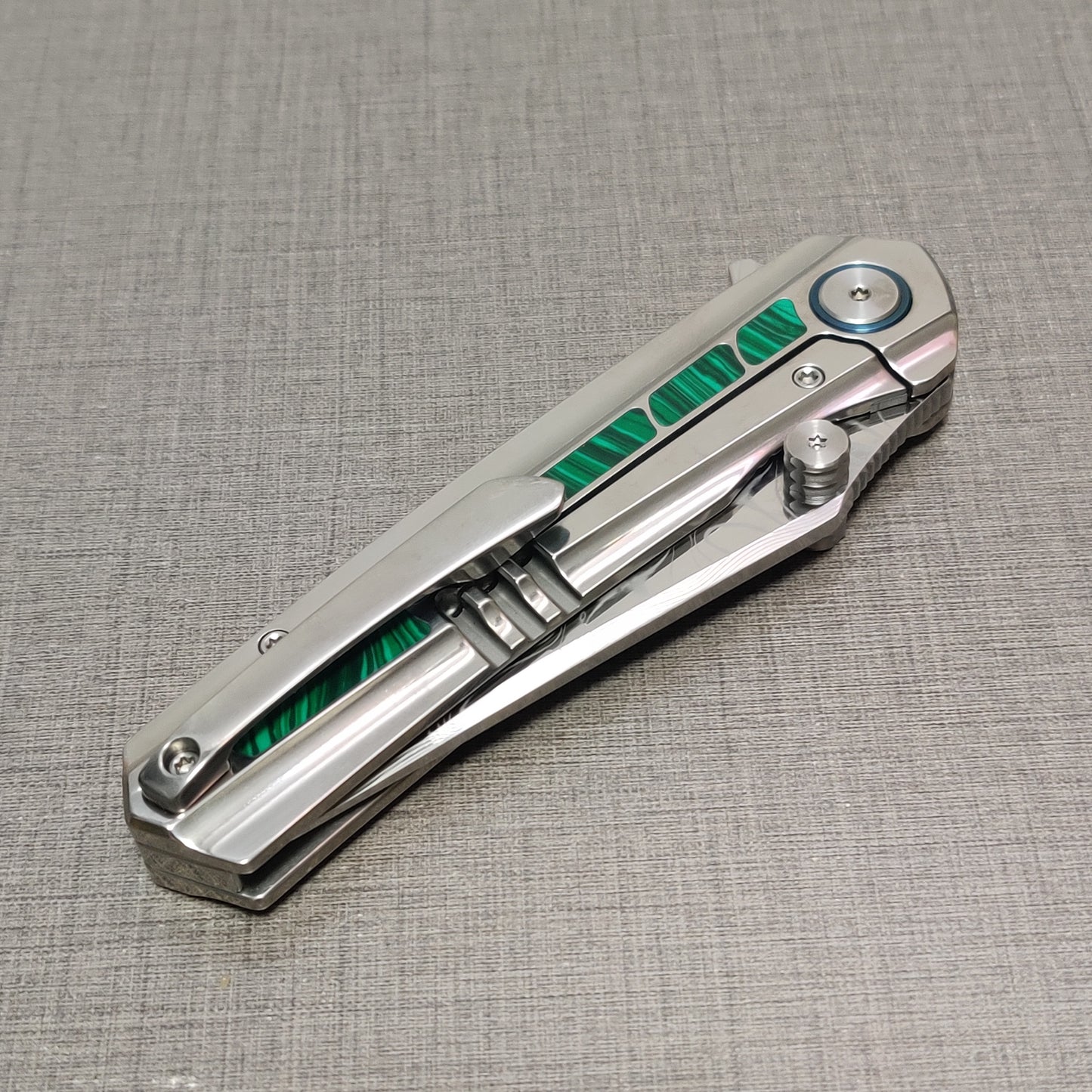 VORIXN "Forest Mirage" Flipper & Thumb Stud Knife Malachite Inlaid Titanium Handle (3.6" Damascus Blade) KB056