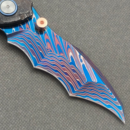 VORIXN "Fossilshade" (3.8" Damascus Blade)  Titanium Handle Flipper & Thumb Stud Folding Knife - KB153