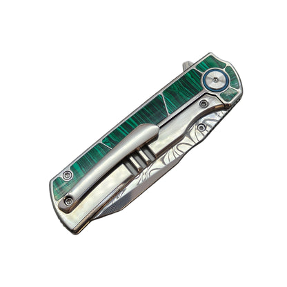 VORIXN "Forest Mirage" Flipper & Thumb Stud Knife Malachite Inlaid Titanium Handle (3.4" Damascus Blade) KB062