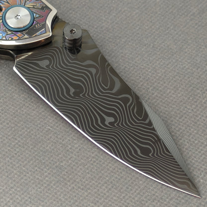 VORIXN "Reverie" (3.5" Damascus DLC-Coated Blade) Engraved Titanium Handle Flipper & Thumb Stud Folding Knife - KB116