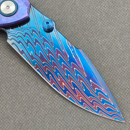 VORIXN "Rimewave" (3.8" Damascus Blade)  Crystallized Titanium Handle Flipper & Thumb Stud Folding Knife - KB141