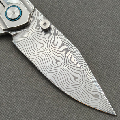 VORIXN "Ocean Mirage" Flipper & Thumb Stud Knife White Mother-of-pearl Inlaid Titanium Handle (3.8" Damascus Blade) KB084