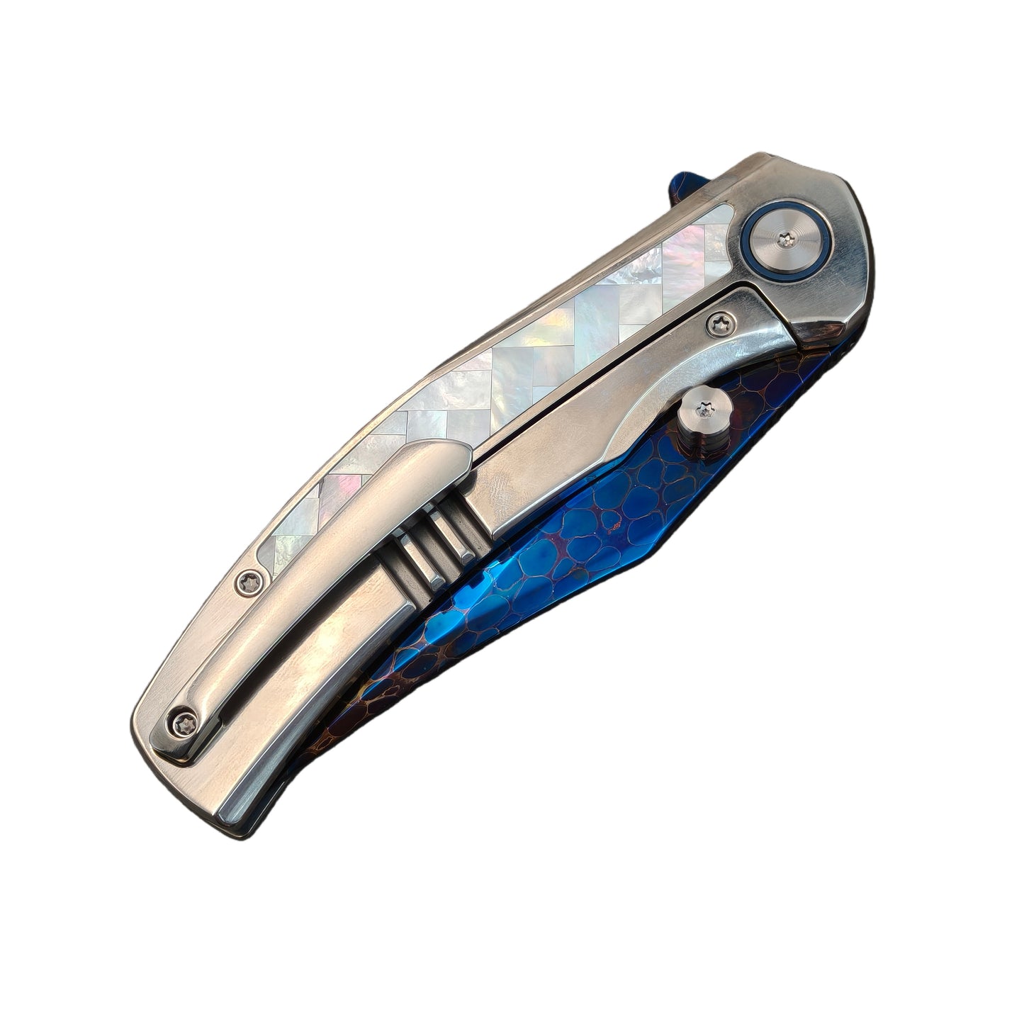 VORIXN "Ocean Mirage" Flipper & Thumb Stud Knife White Mother-of-pearl Inlaid Titanium Handle (3.9" Dragon Damascus Blade) KB067