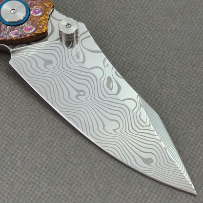 VORIXN "Prism" (3.5" Damascus Blade) Hand-Engraved & Anodized Titanium Handle Flipper & Thumb Stud Folding Knife - KB121