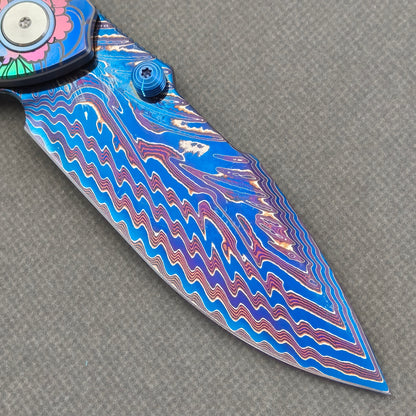 VORIXN "Tideprowler" (3.8" Damascus Blade)  Titanium Handle Flipper & Thumb Stud Folding Knife - KB155