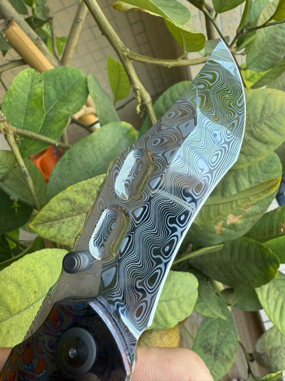 Flipper & Thumb Stud Knife Flamed-Zirconium Handle (  RWL34 &amp; PMC27 PM Stainless Damascus  Blade) CS010