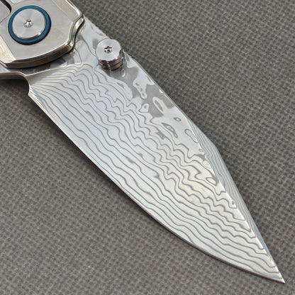 VORIXN "Ocean Mirage" Flipper & Thumb Stud Knife White Mother-of-Pearl Inlay Titanium Handle (3.7" Damascus Blade) KB109