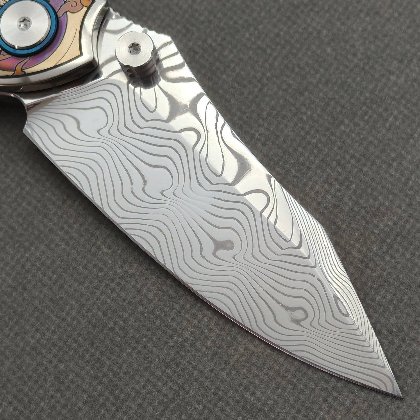 VORIXN "Mythos" (3.5" Damascus Blade) Engraved Titanium Handle Flipper & Thumb Stud Folding Knife - KB124