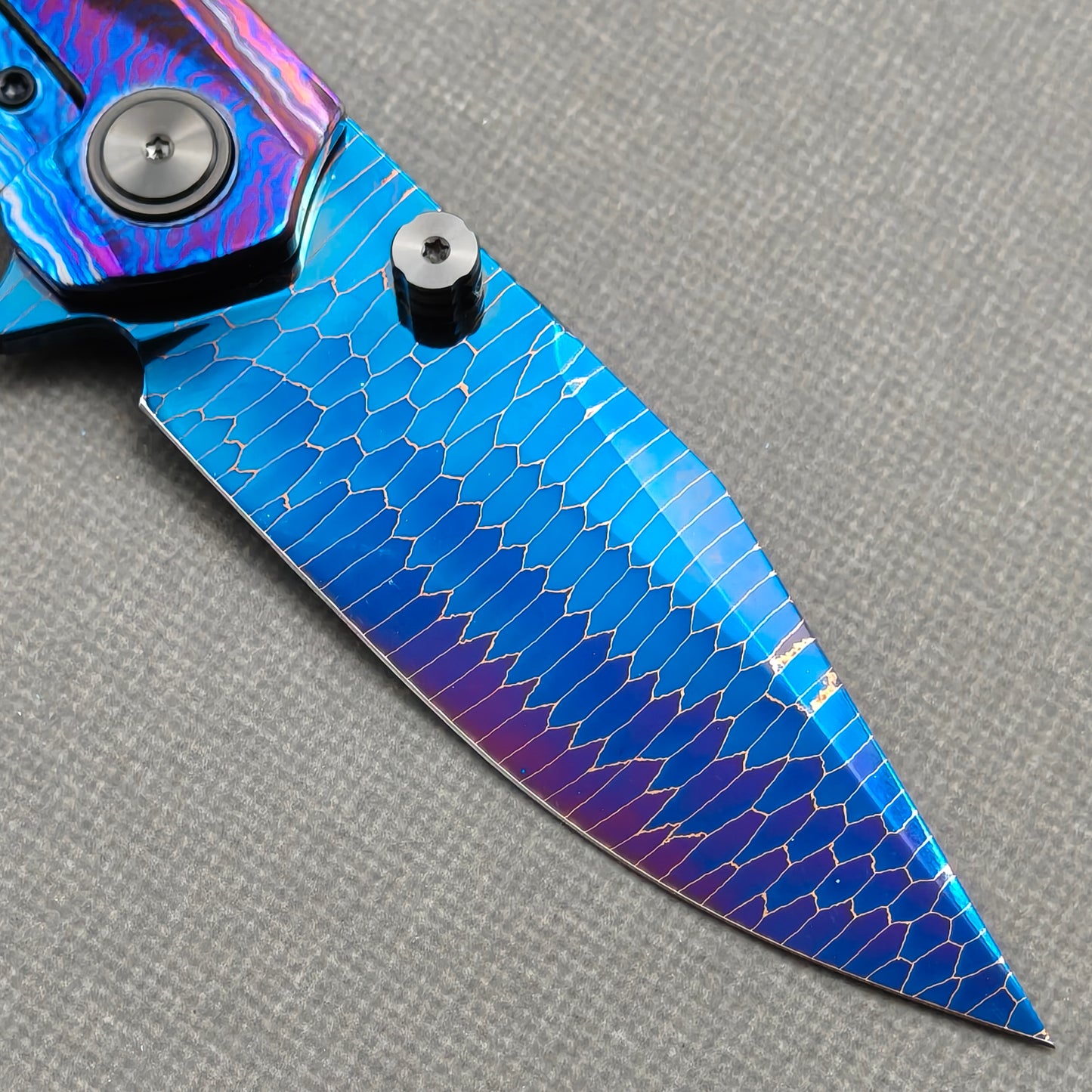 Vorixn "Celestial Current" Flipper & Thumb Stud Knife Hand-Flamed Zirconium Handle (3.8" Damascus Blade) KB099