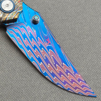 VORIXN "Chromaforge" (3.7" Damascus Blade) Hand-Flamed Titanium Handle Flipper & Thumb Stud Folding Knife - KB135