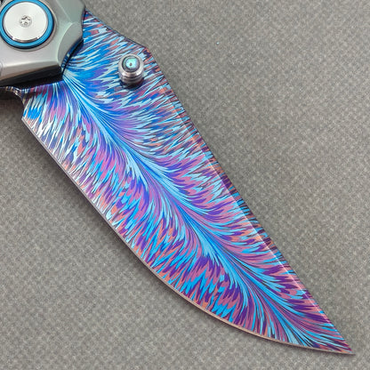VORIXN PrismWake KB137 Folding Knife – clip side blade detail showing Damascus steel and Zirconium handle junction.