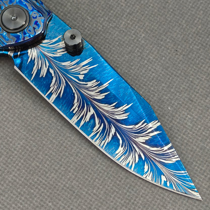 Vorixn "Aurora Black" Flipper & Thumb Stud Knife Hand-Flamed Zirconium Handle (3.8" Feather Damascus Blade) KB112