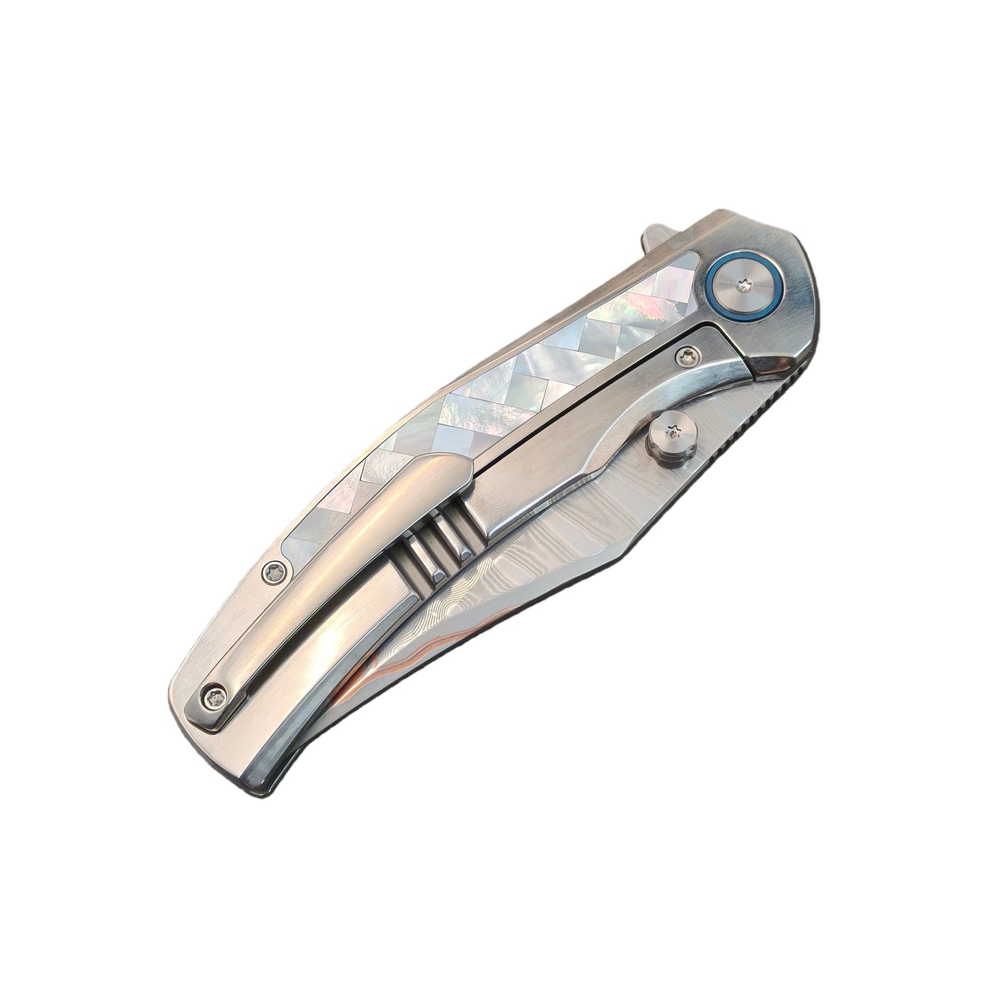 VORIXN "Ocean Mirage" Flipper & Thumb Stud Knife White Mother-of-pearl Inlaid Titanium Handle (3.9"  Cu-Mai  Blade) KB068