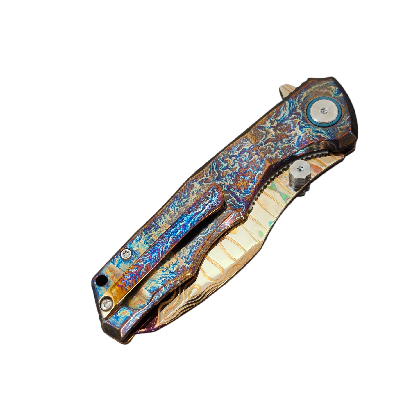 VORIXN "Drakescale" Flipper & Thumb Stud Knife Titanium Hand-Flamed Handle (3.6" Copper San Mai Dragon ScaleDamascus Blade) KB057