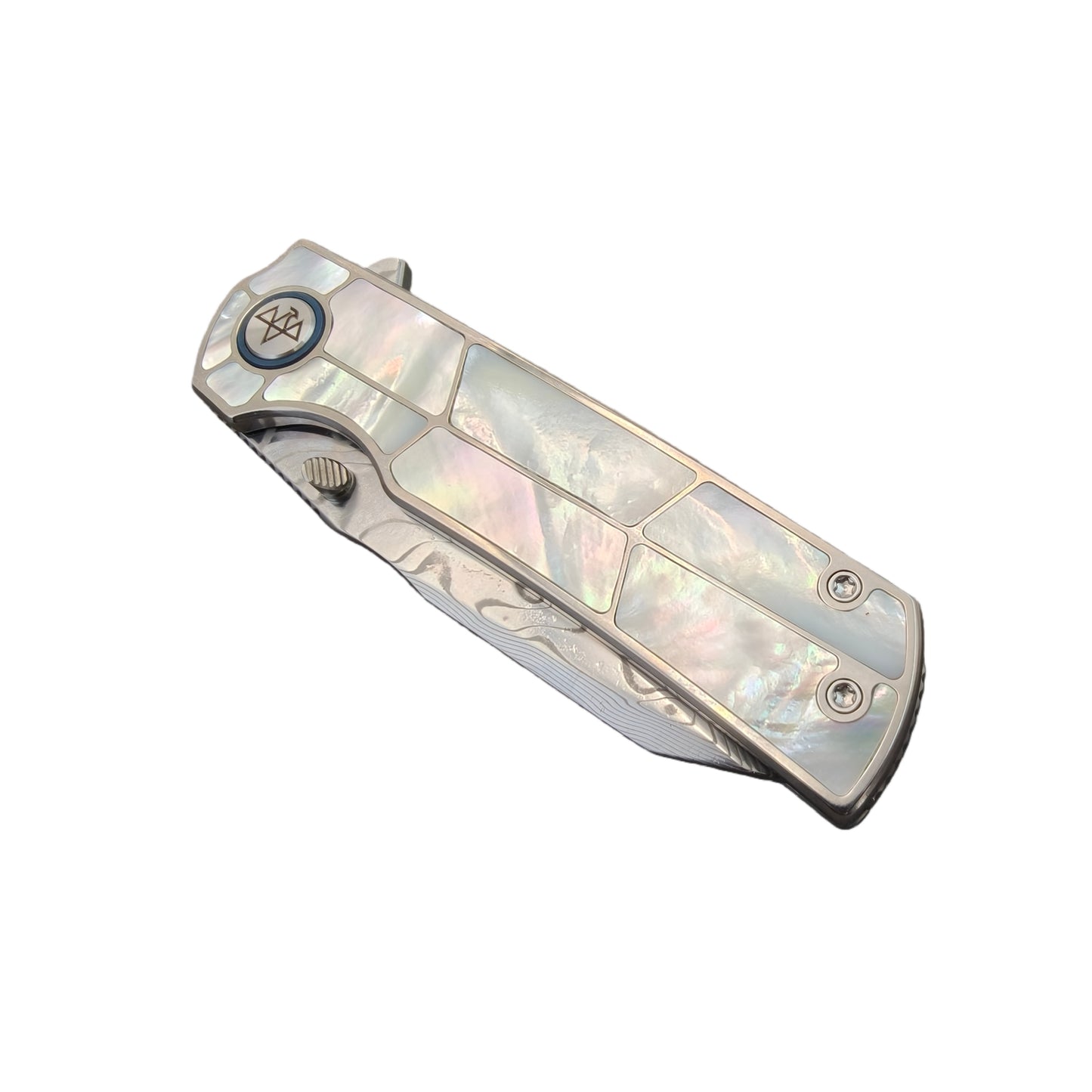 VORIXN "Forest Mirage" Flipper & Thumb Stud Knife White Mother-of-pearl Inlaid Titanium Handle (3.4" Damascus Blade) KB063