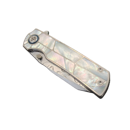 VORIXN "Forest Mirage" Flipper & Thumb Stud Knife White Mother-of-pearl Inlaid Titanium Handle (3.4" Damascus Blade) KB063