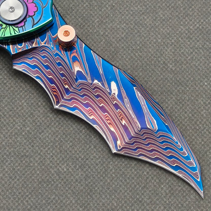 VORIXN "Tigerflow" (3.8" Damascus Blade)  Titanium Handle Flipper & Thumb Stud Folding Knife - KB149