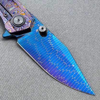 Vorixn "Celestial Vein" Flipper & Thumb Stud Knife Hand-Flamed Zirconium Handle (3.8" Damascus Blade) KB091