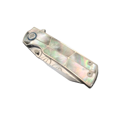 VORIXN "Forest Mirage" Flipper & Thumb Stud Knife Black Mother-of-pearl Inlaid Titanium Handle (3.4" Damascus Blade) KB059