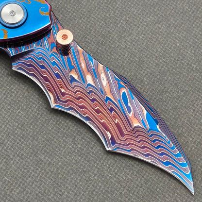 VORIXN "Fableweave" (3.8" Damascus Blade)  Titanium Handle Flipper & Thumb Stud Folding Knife - KB150