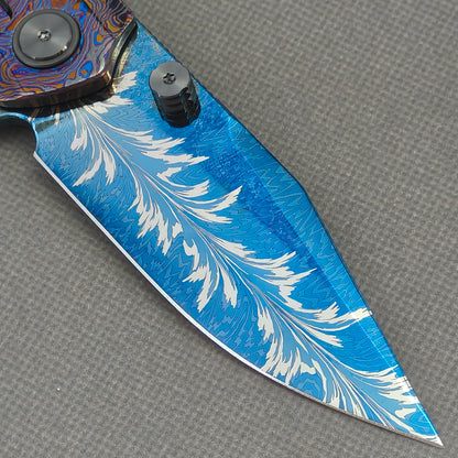 Vorixn "Aurora Black" Flipper & Thumb Stud Knife Hand-Flamed Zirconium Handle (3.8" Feather Damascus Blade) KB105