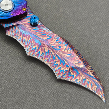 VORIXN "Skyvein" (3.8" Damascus Blade)  Titanium Handle Flipper & Thumb Stud Folding Knife - KB148