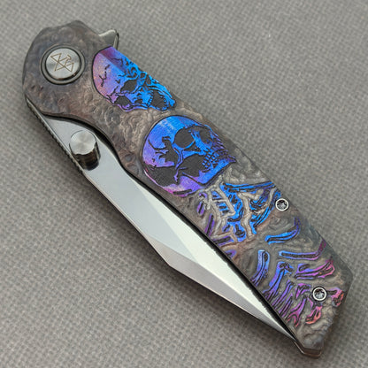VORIXN "Skull Nocturne" (3.8" M390 Blade) Hand-Engraved & Anodized Titanium Handle Flipper & Thumb Stud Folding Knife - KB120