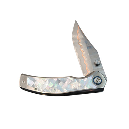 VORIXN "Ocean Mirage" Flipper & Thumb Stud Knife White Mother-of-pearl Inlaid Titanium Handle (3.9"  Cu-Mai  Blade) KB068