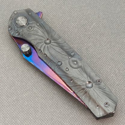 Vorixn "Impact Origin" Flipper & Thumb Stud Knife DLC-Coated Titanium-Engraved Anodized Handle (3.6" Damascus steel Blade) KB094