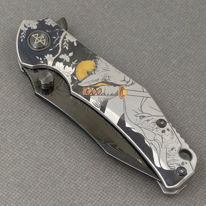 VORIXN Yokai KB106 Folding Knife – closed non-clip side view showing Laser-Engraved Copper Accents Titanium handle design and pivot