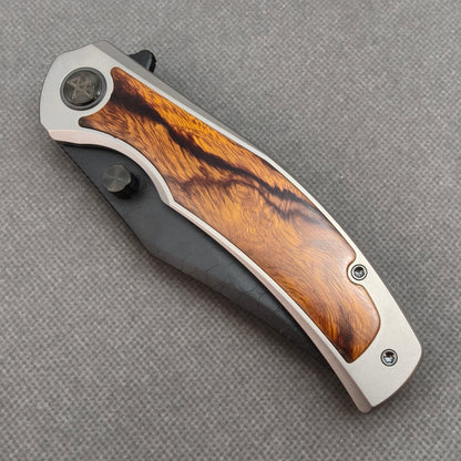 Vorixn "Ironwood Crest" Flipper & Thumb Stud Knife Titanium & Ironwood Handle (3.9" Damascus Blade) KB075