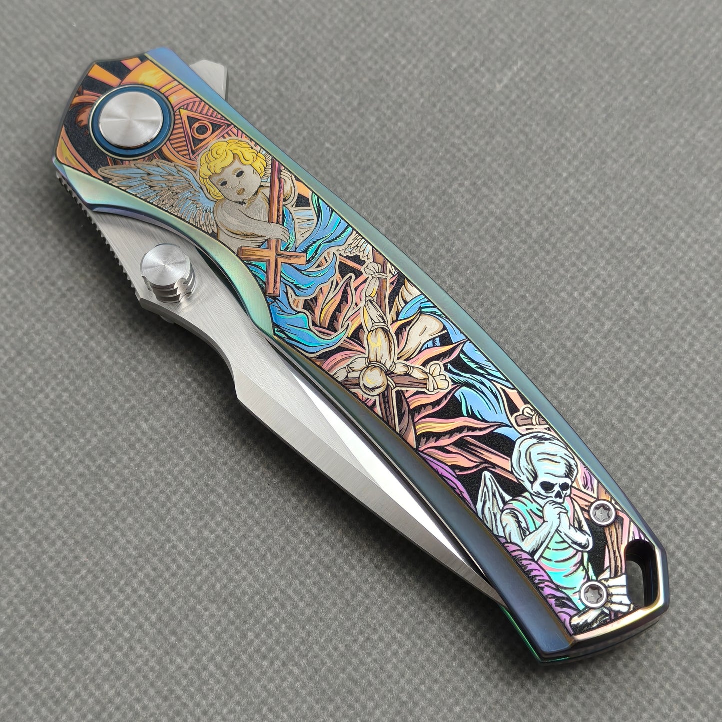 Vorixn "Halo" Flipper & Thumb Stud Knife Titanium-Engraved Anodized Coloring Handle (3.7"10Cr15CoMo Blade) KB078