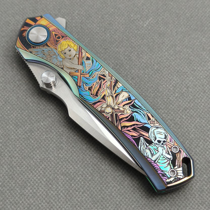 Vorixn "Halo" Flipper & Thumb Stud Knife Titanium-Engraved Anodized Coloring Handle (3.7"10Cr15CoMo Blade) KB078