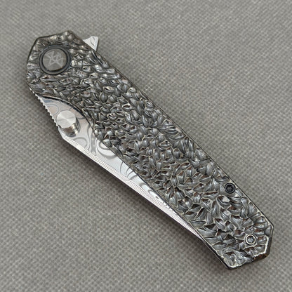 VORIXN "Blackscale" Flipper & Daumenpin-Messer, handgeschnitzter & DLC-beschichteter Titan-Griff (9,1 cm Damastklinge) KB088