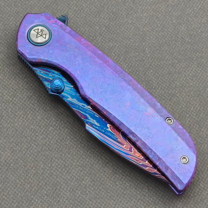 VORIXN "Rimewave" (3.8" Damascus Blade)  Crystallized Titanium Handle Flipper & Thumb Stud Folding Knife - KB141