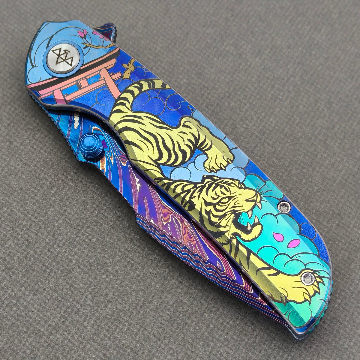 VORIXN "Tideprowler" (3.8" Damascus Blade)  Titanium Handle Flipper & Thumb Stud Folding Knife - KB155