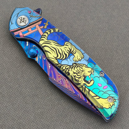 VORIXN "Tideprowler" (3.8" Damascus Blade)  Titanium Handle Flipper & Thumb Stud Folding Knife - KB155