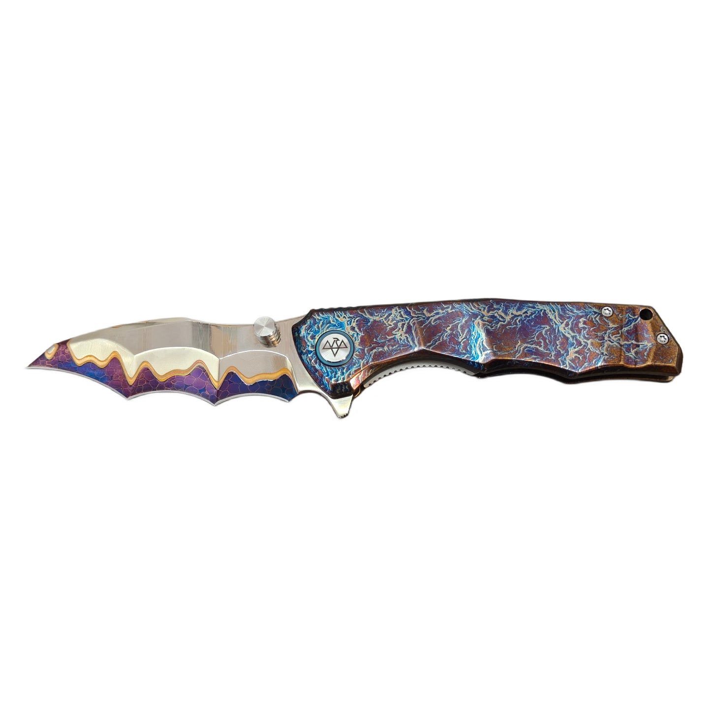 VORIXN "Drakescale" Flipper & Thumb Stud Knife Titanium Hand-Flamed Handle (3.6" Damascus Blade) KB058