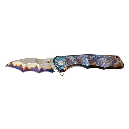 VORIXN "Drakescale" Flipper & Thumb Stud Knife Titanium Hand-Flamed Handle (3.6" Damascus Blade) KB058
