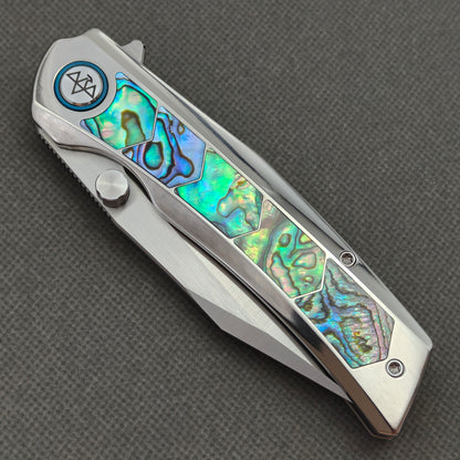 VORIXN "Ocean Mirage" Flipper & Thumb Stud Knife Deep-sea Abalone Shell Inlay Titanium Handle (3.7" M390 Blade) KB113