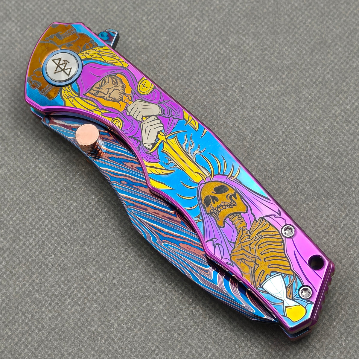 VORIXN "Fableweave" (3.8" Damascus Blade)  Titanium Handle Flipper & Thumb Stud Folding Knife - KB150