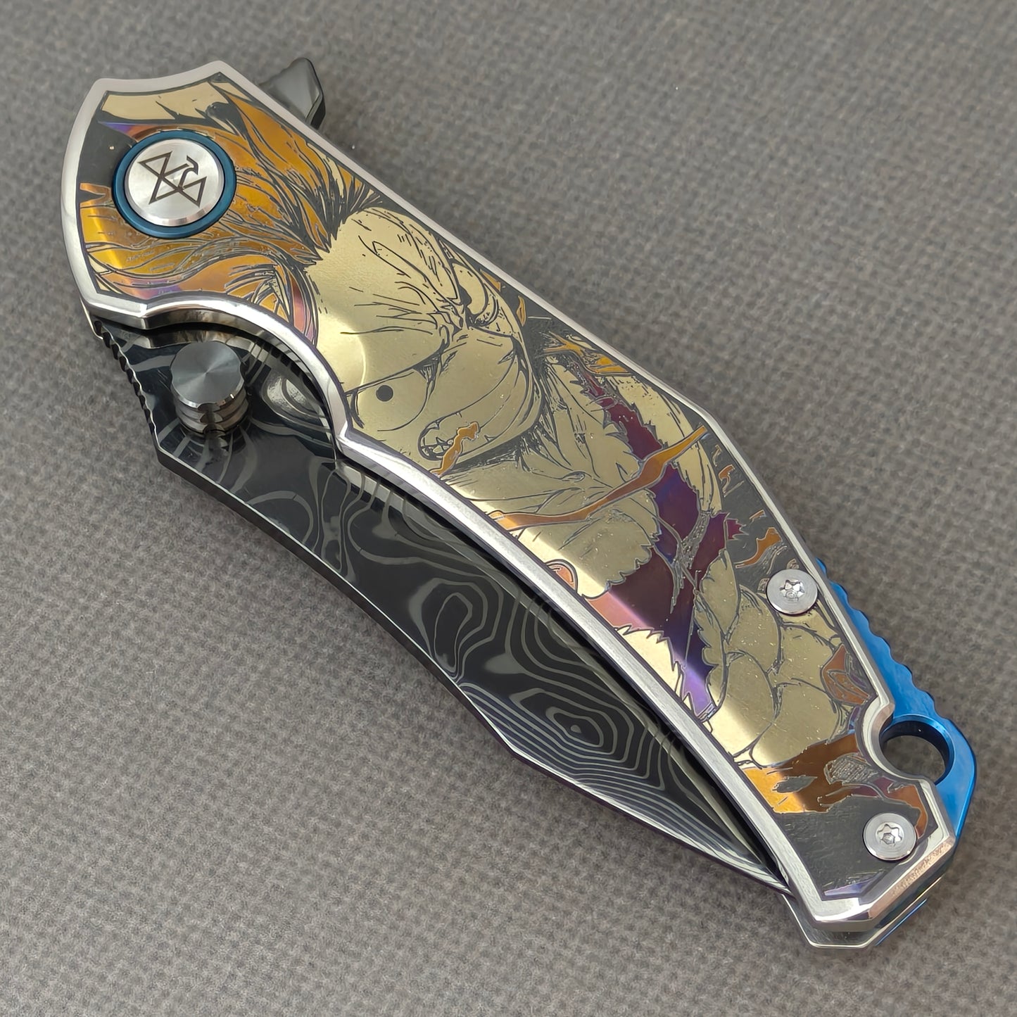 VORIXN "Valor" (3.5" Damascus DLC-Coated Blade) Engraved Titanium Handle Flipper & Thumb Stud Folding Knife - KB117