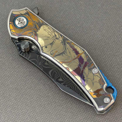 VORIXN "Valor" (3.5" Damascus DLC-Coated Blade) Engraved Titanium Handle Flipper & Thumb Stud Folding Knife - KB117