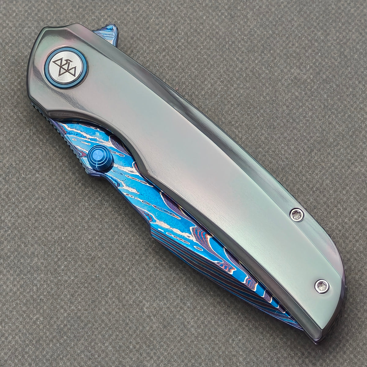 VORIXN "Chromatide" (3.7" Damascus Blade)  Zirconium Handle Flipper & Thumb Stud Folding Knife - KB140