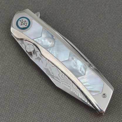 VORIXN "Ocean Mirage" Flipper & Thumb Stud Knife White Mother-of-Pearl Inlay Titanium Handle (3.7" Damascus Blade) KB109