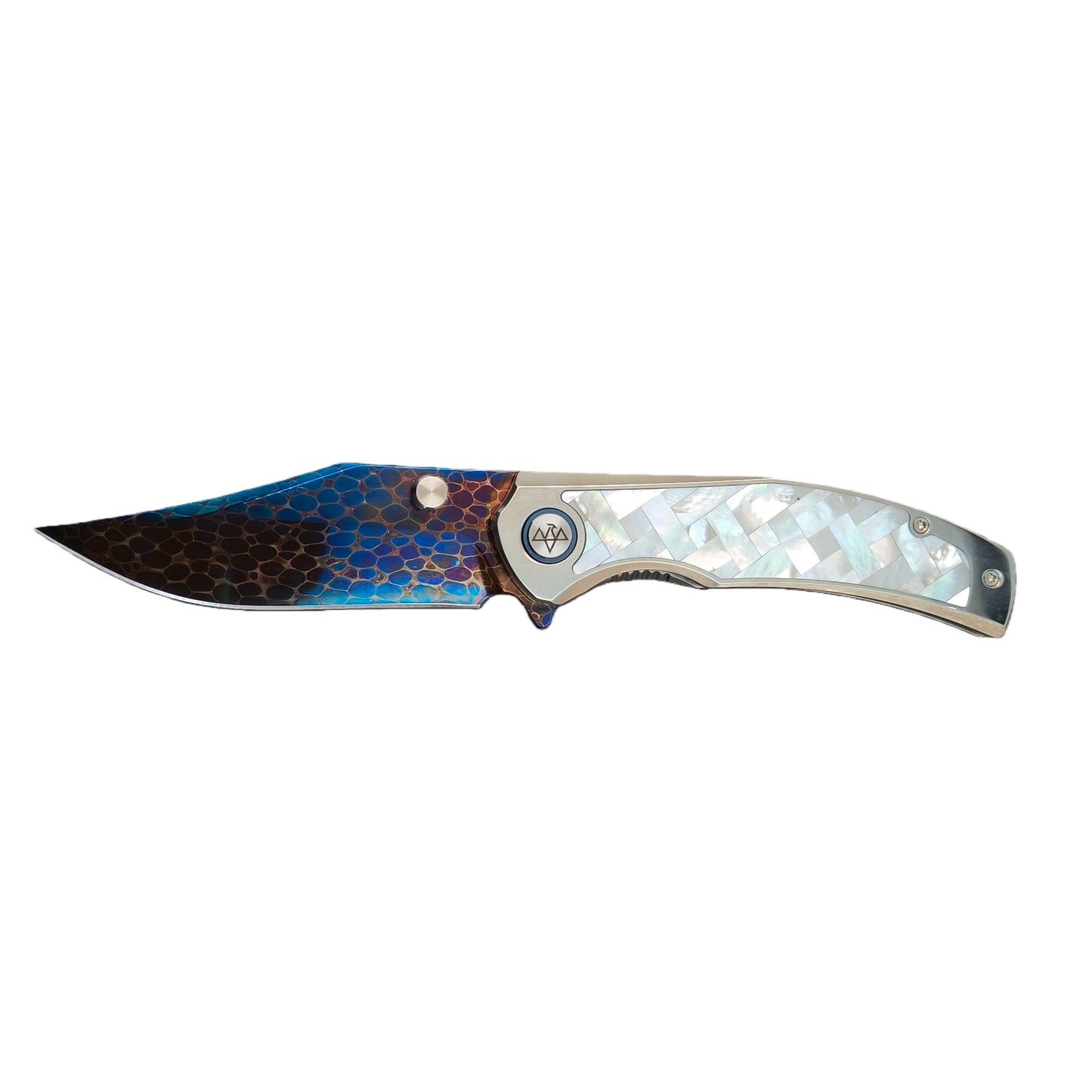 VORIXN "Ocean Mirage" Flipper & Thumb Stud Knife White Mother-of-pearl Inlaid Titanium Handle (3.9" Dragon Damascus Blade) KB067
