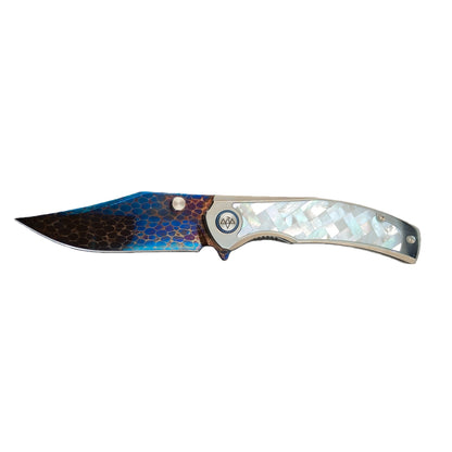 VORIXN "Ocean Mirage" Flipper & Thumb Stud Knife White Mother-of-pearl Inlaid Titanium Handle (3.9" Dragon Damascus Blade) KB067
